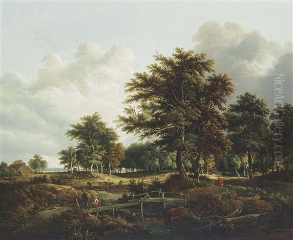 A Wooded Landscape With Travelers On A Bridge Oil Painting by Edward Williams