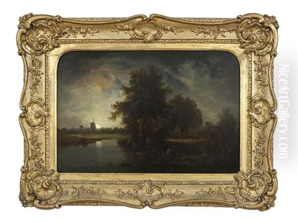 Moonlit Riverscape With Figures Boating Oil Painting by Edward Williams