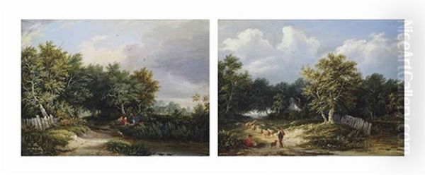 A Drover And His Flock On A Wooded Path (+ Travellers On A Country Road; Pair) Oil Painting by Edward Williams