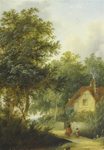 Figures Crossing A Footbridge By A Cottage Oil Painting by Edward Williams