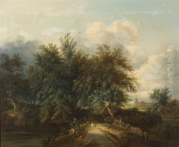 A Wooded Landscape With Anglers Oil Painting by Edward Williams