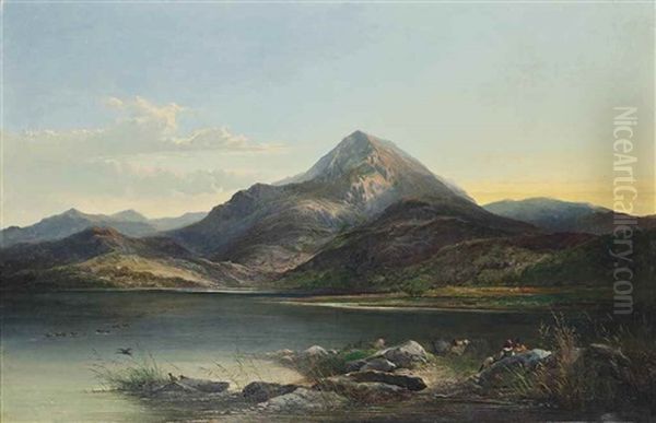 A Mountainous Landscape, Early Evening, Goat Herders And Their Flock Resting In The Foreground Oil Painting by Edward Charles Williams