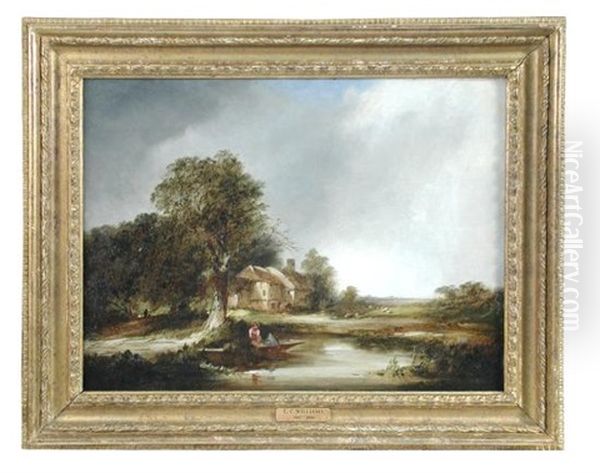 Views In Byfleet, Surrey, With Children On A Rowing Boat; And Children Walking By A Cottage (a Pair) Oil Painting by Edward Charles Williams