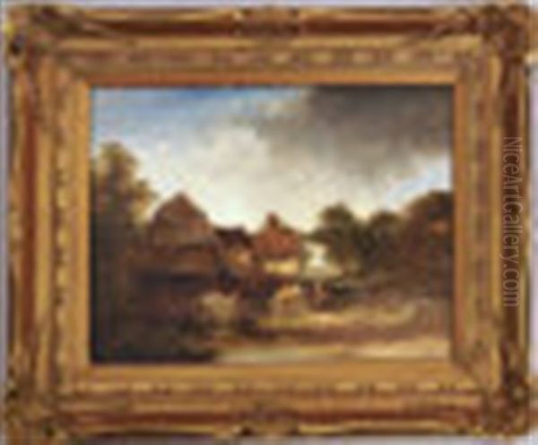 Figures By A Gate With An Old Cottage, Woodland And A Stream Oil Painting by Edward Charles Williams