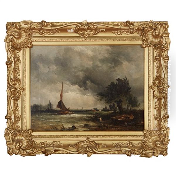 Shipping In An Estuary With A Fisherman And A Windmill Oil Painting by George Augustus Williams