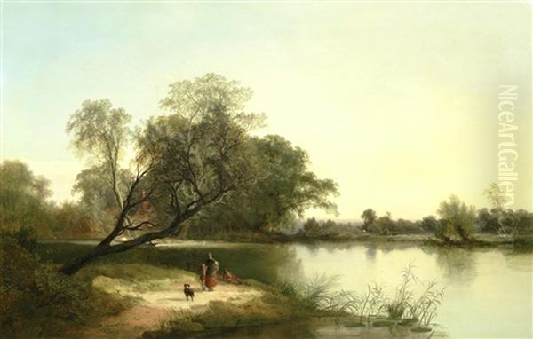 Figures Resting By A Lake Oil Painting by George Augustus Williams