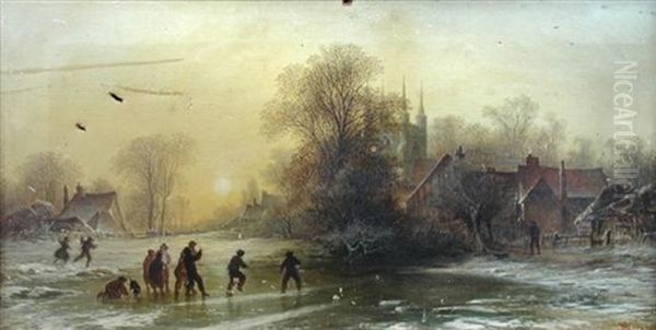 Children Playing On A Frozen Pond, A Church And Manor House Beyond; Highland Landscape With Fisherman, By Another Hand (2 Works) Oil Painting by George Augustus Williams