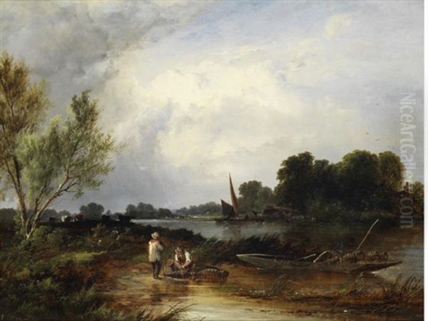 Eel Catchers Oil Painting by George Augustus Williams