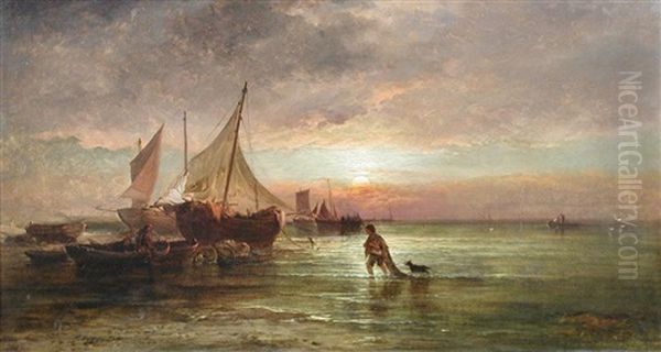 A Fisherboy With His Dog Bringing Home The Catch At Dusk With A Beached Fishing Boat Oil Painting by George Augustus Williams