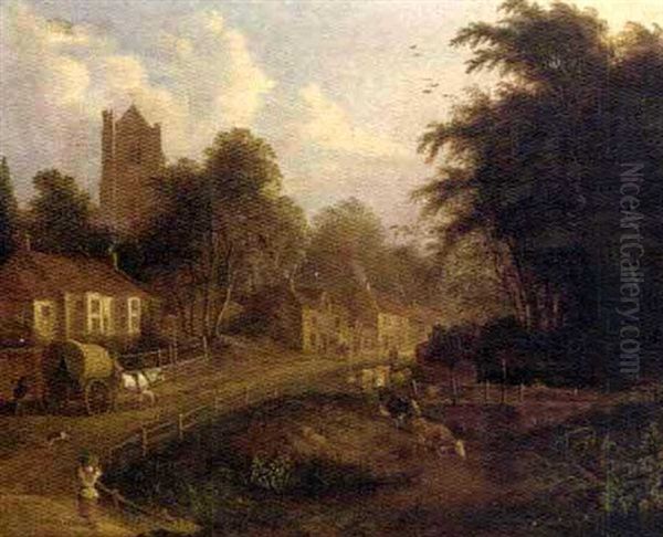 Figures In A Village Street Oil Painting by Hugh William Williams