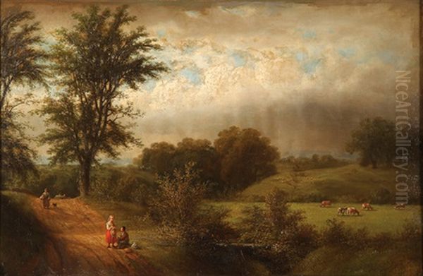 Expansive Landscape With Figures And Grazing Cattle Oil Painting by Isaac L. Williams