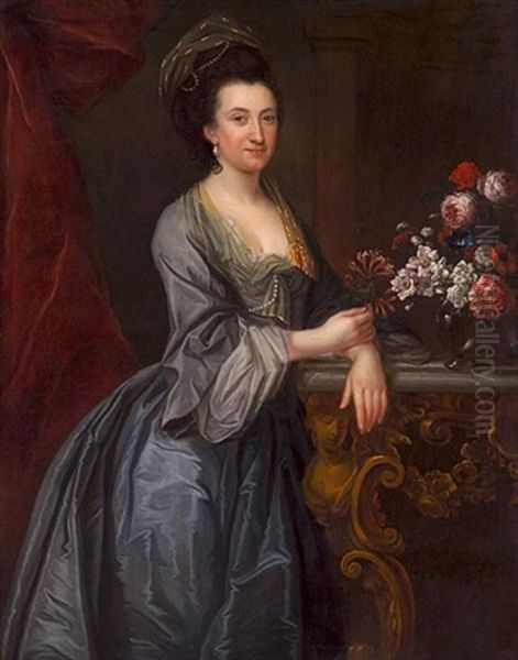 A Portrait Of A Lady, Three-quarter Length, In A Blue Dress With A Floral Still Life Oil Painting by John Michael Williams