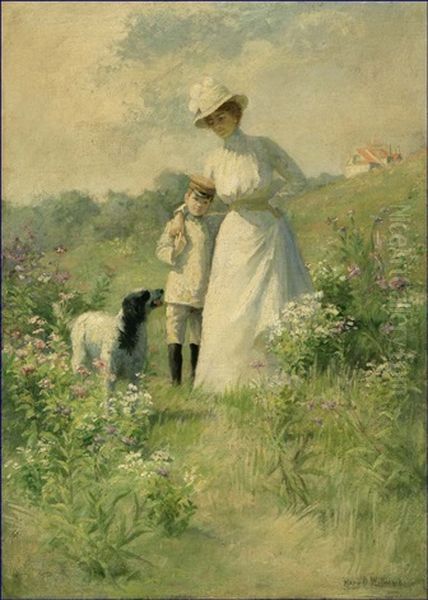 Woman And Young Boy With A Dog On A Flowered Hillside Oil Painting by Mary Belle Williams