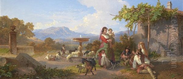 A Peasant Family By A Fountain In An Italian Landscape Oil Painting by Penry Williams