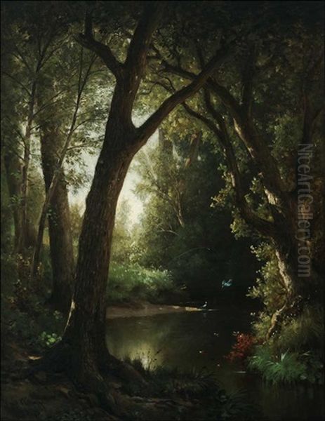 Pond In Wooded Landscape Oil Painting by Virgil Williams