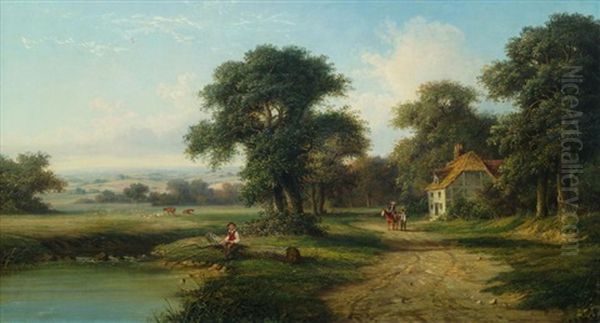 A River Landscape With Boy Seated On A Bank Fishing And Pastoral Landscape With A Mother And Child On A Country Lane With A Cottage, Woodland And Grazing Sheep Oil Painting by Walter Heath Williams