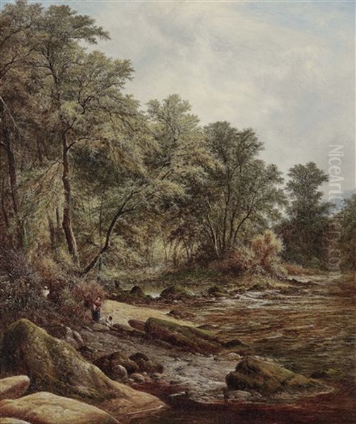 Forest Stream With Figures Oil Painting by Walter Heath Williams