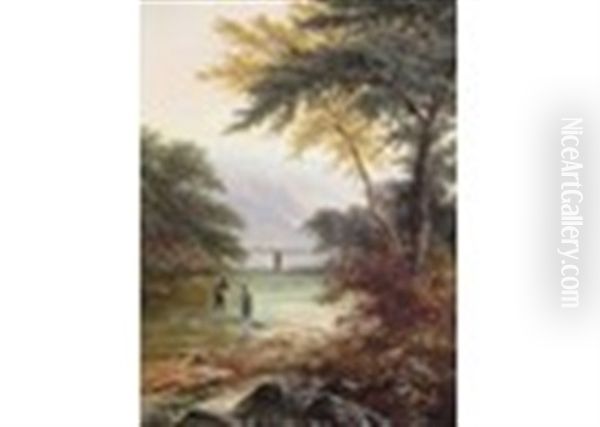 Wharfe Bridge; Figures Fishing (a Pair) Oil Painting by Walter Heath Williams