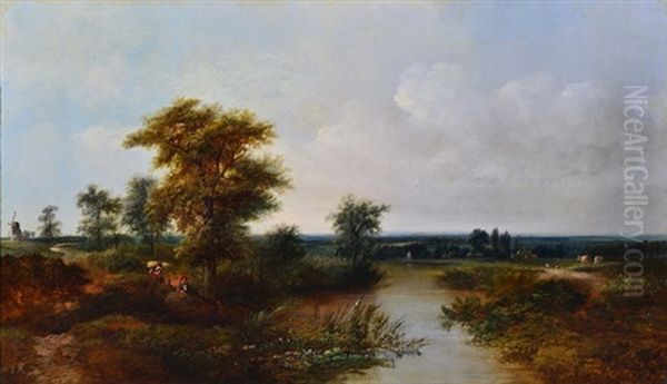 River Scene With A Boy Angling And Cows The Other Side Of The River Oil Painting by Walter Heath Williams