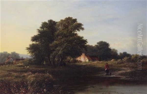 River Landscape With Figure At A Ford And Sheep Beyond Oil Painting by Walter Heath Williams