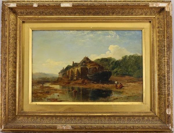 Figures Near The Coast During Low Tide Oil Painting by William Williams