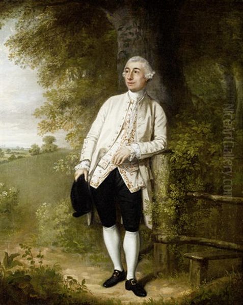 Portrait Of A Gentleman In A White Coat And Embroidered Waistcoat, Holding A Black Hat, Standing Before A Landscape Oil Painting by William Williams