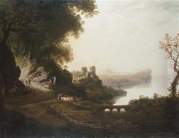 A Mountainous River Landscape With Soldiers On A Country Path And A Drover With His Cattle Crossing A Bridge by William Williams