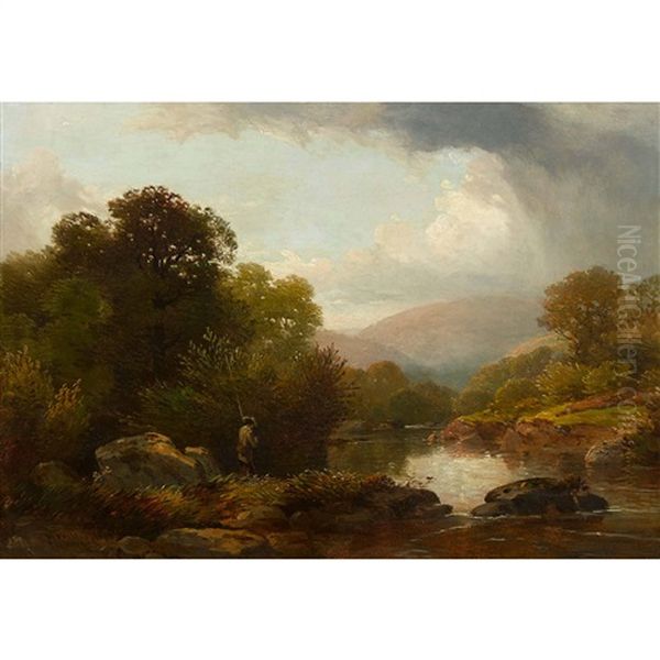 River Landscape With A Fisherman Oil Painting by William (of Plymouth) Williams