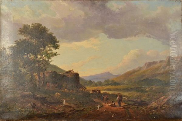 Figures In A Valley Landscape Oil Painting by William (of Plymouth) Williams