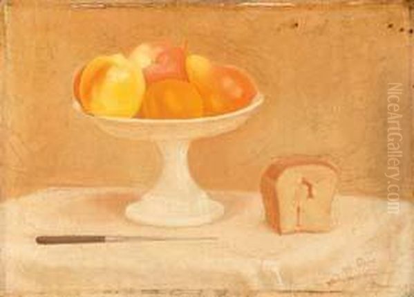 Natura Morta Con Compostiera, Frutta, Pane E Coltello Oil Painting by Mario Broggi