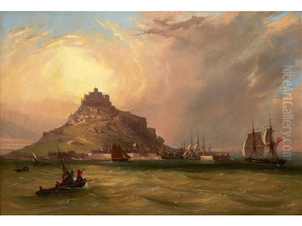 A Sloop Of The Royal Navy Entering The Harbour At St. Michael's Mount Oil Painting by William (of Plymouth) Williams