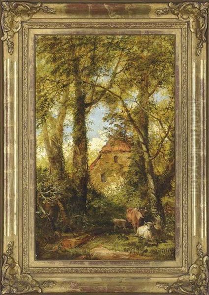 Cattle In A Wooded Glade Oil Painting by William (of Plymouth) Williams