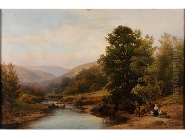 On The Teign (fishing On The Banks Of The River) Oil Painting by William (of Plymouth) Williams