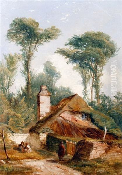 Figures By A Cottage Oil Painting by William (of Plymouth) Williams