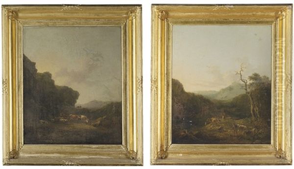 A Landscape With Cattle In Pasture (+ A Landscape With Cattle In A Gorge; Pair) Oil Painting by Daniel Williamson