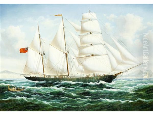 Three-masted Sailing Vessel Off The Coast Oil Painting by John Williamson