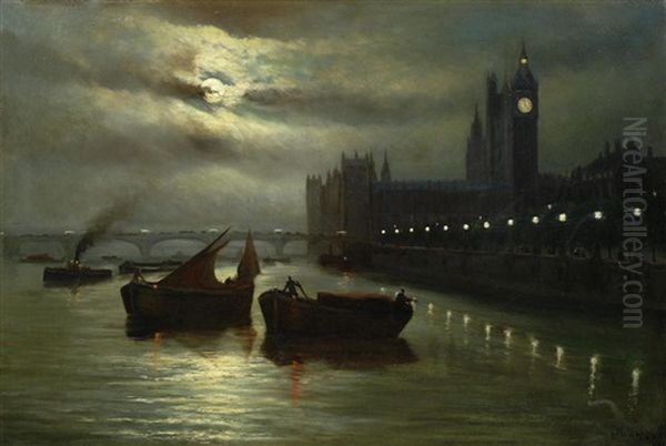 The Palace Of Westminster By Moonlight Oil Painting by John Smith Williamson