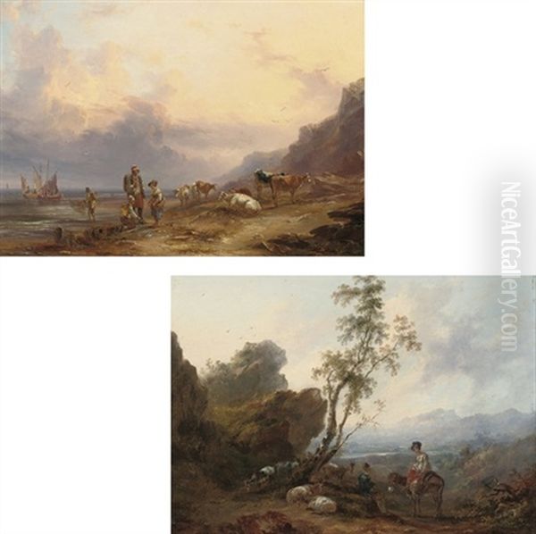 Fisherfolk And Cattle On The Seasore (+ A Mountainous Landscape; Pair) Oil Painting by Samuel Williamson