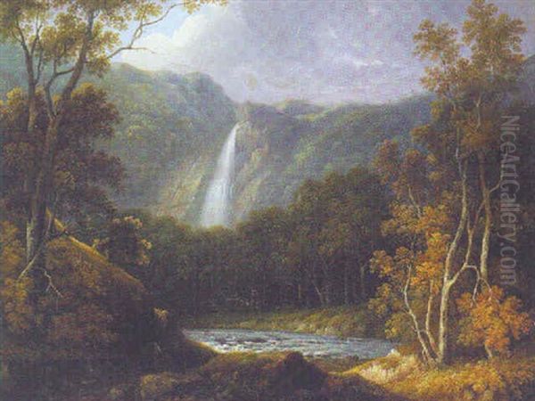 Figures On A Path In A Wooded River Landscape, A Waterfall Beyond Oil Painting by Samuel Williamson