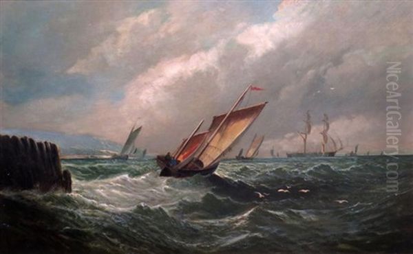 Ships On Rough Water Near Shore Oil Painting by William Henry Williamson