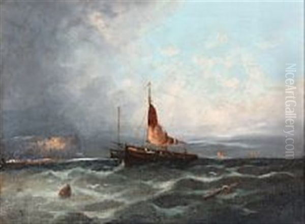 A Couple Of Ships On The Sea Outside A Rocky Coast Oil Painting by William Henry Williamson