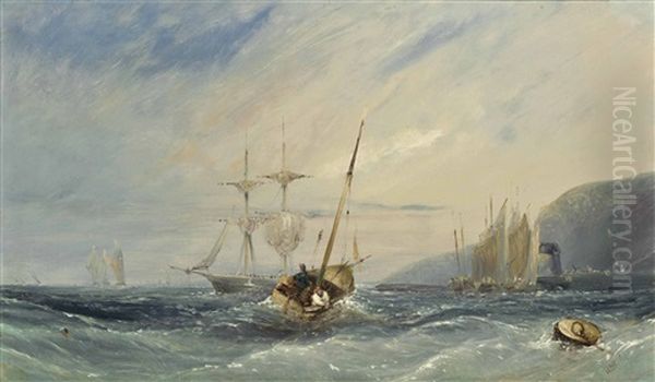 A Blustery Day Off The North East Coast With Fishermen Dragging In Their Nets In The Foreground Oil Painting by William Henry Williamson