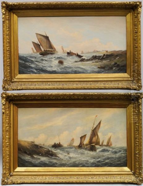 Fishing Boats Off The Shore In Choppy Waters (pair) Oil Painting by William Henry Williamson