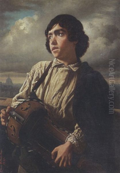 Musizierender Savojarde, Im Hintergrund Stadtansicht Oil Painting by Caesar Willich