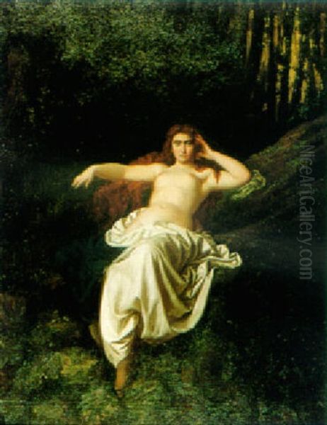 Reclining Semi-draped Female Nude In Woodland Oil Painting by Caesar Willich