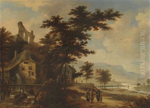 Flusslandschaft Mit Wassermuhle Und Ruine Oil Painting by Claes Jansz van der Willigen