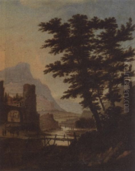 A River Landscape With A Town And Mountains Beyond Oil Painting by Claes Jansz van der Willigen