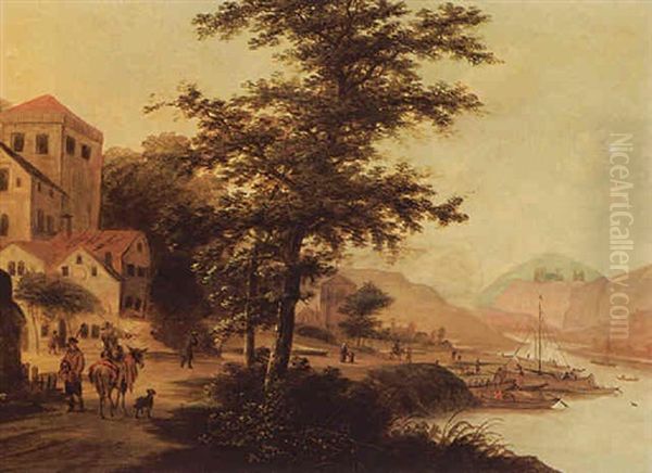 A River Landscape With Fishing Boats Unloading And Travellers On A Path Near A Village Oil Painting by Claes Jansz van der Willigen