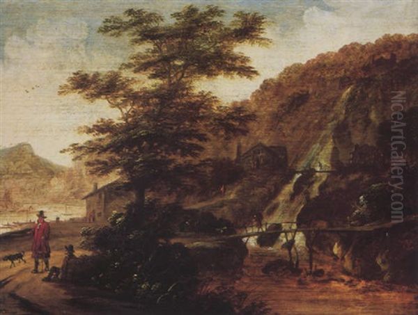 A Wooded River Landscape With Travellers On A Path, Mountains Beyond Oil Painting by Claes Jansz van der Willigen