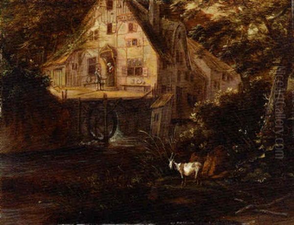 A Wooded Landscape With A Mill And A Goat By A River Oil Painting by Claes Jansz van der Willigen